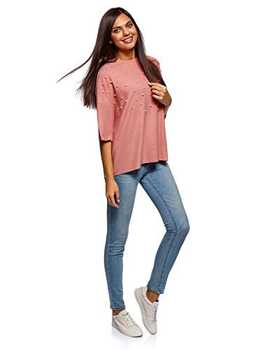 oodji Ultra Mujer Jersey Oversize con Perlas Artificiales y Borde Inferior y Mangas No Elaborados, Rosa, ES 40 / M