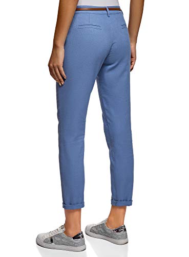 oodji Ultra Mujer Pantalones Ajustados con Cinturón, Azul, 6