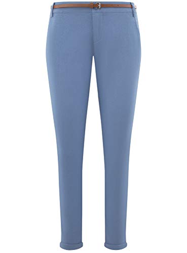 oodji Ultra Mujer Pantalones Ajustados con Cinturón, Azul, 6