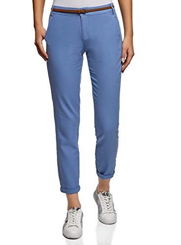 oodji Ultra Mujer Pantalones Ajustados con Cinturón, Azul, 6