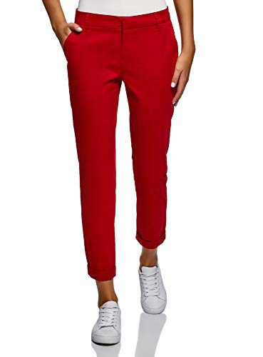 oodji Ultra Mujer Pantalones Básicos de Algodón, Rojo, DE 36 / EU 38 / S