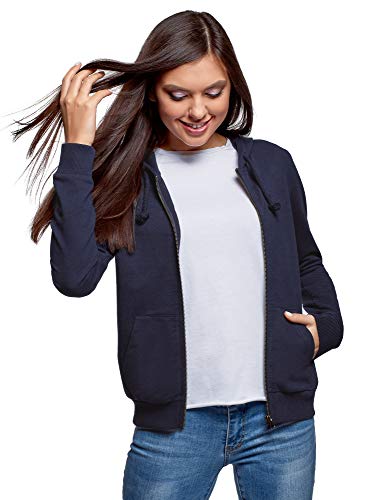 oodji Ultra Mujer Sudadera con Capucha y Bolsillos, Azul, 40