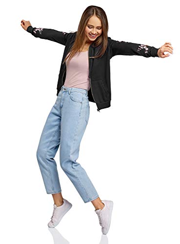 oodji Ultra Mujer Sudadera de Algodón con Bordado, Negro, ES 46 / XXL