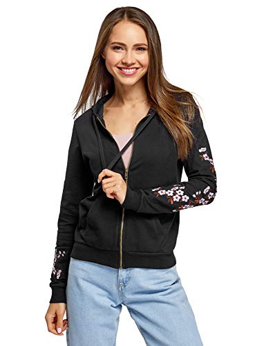 oodji Ultra Mujer Sudadera de Algodón con Bordado, Negro, ES 46 / XXL