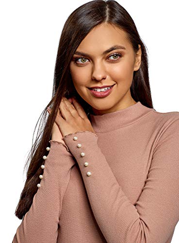 oodji Ultra Mujer Suéter Básico de Cuello Alto de Algodón, Beige, ES 34 / XXS