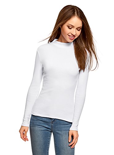 oodji Ultra Mujer Suéter Básico de Cuello Alto de Algodón, Blanco, ES 44 / XL