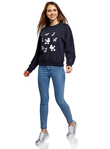 oodji Ultra Mujer Suéter de Algodón con Bordado, Azul, ES 40 / M