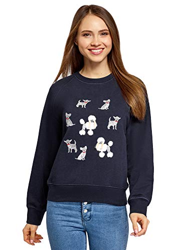 oodji Ultra Mujer Suéter de Algodón con Bordado, Azul, ES 40 / M