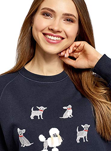 oodji Ultra Mujer Suéter de Algodón con Bordado, Azul, ES 40 / M