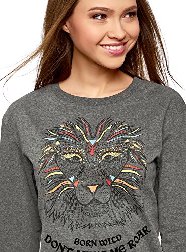 oodji Ultra Mujer Suéter de Algodón con Estampado, Gris, ES 34 / XXS