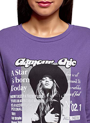 oodji Ultra Mujer Suéter de Algodón con Estampado, Morado, ES 34 / XXS