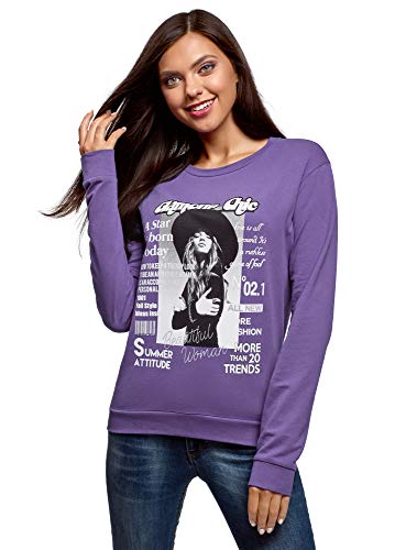 oodji Ultra Mujer Suéter de Algodón con Estampado, Morado, ES 34 / XXS