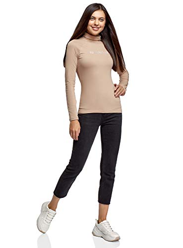 oodji Ultra Mujer Suéter de Cuello Alto de Algodón con Mensaje, Beige, ES 42 / L