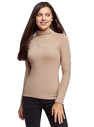 oodji Ultra Mujer Suéter de Cuello Alto de Algodón con Mensaje, Beige, ES 42 / L