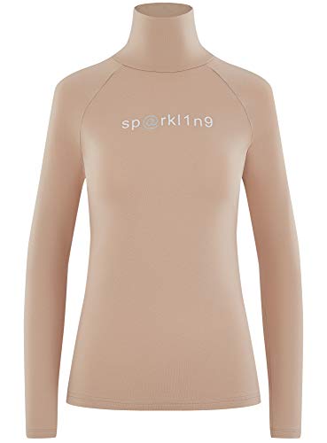 oodji Ultra Mujer Suéter de Cuello Alto de Algodón con Mensaje, Beige, ES 42 / L