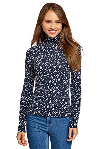 oodji Ultra Mujer Suéter de Cuello Alto Estampado, Azul, ES 34 / XXS