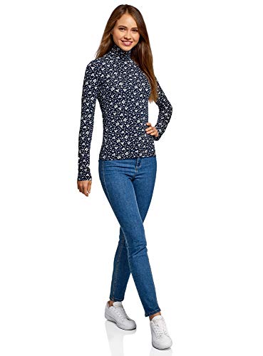 oodji Ultra Mujer Suéter de Cuello Alto Estampado, Azul, ES 34 / XXS