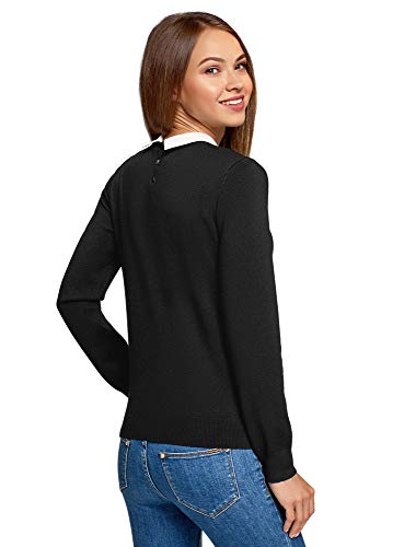 oodji Ultra Mujer Suéter de Silueta Libre con Cuello de Camisa, Negro, ES 38 / S