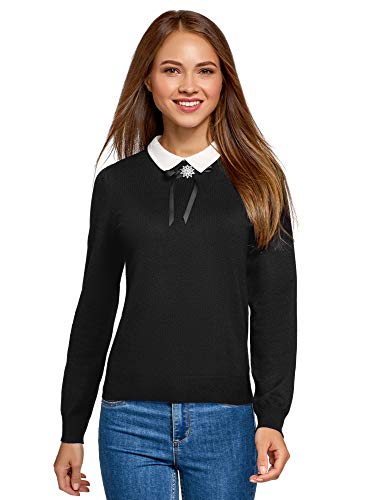 oodji Ultra Mujer Suéter de Silueta Libre con Cuello de Camisa, Negro, ES 38 / S