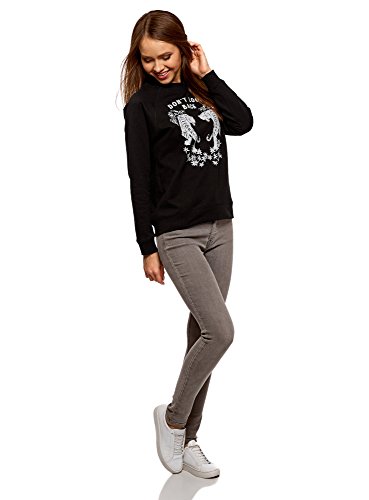 oodji Ultra Mujer Suéter Holgado con Estampado, Negro, ES 36 / XS