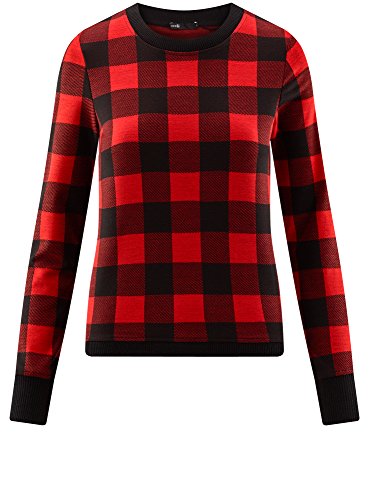 oodji Ultra Mujer Suéter Recto a Cuadros, Rojo, ES 40 / M