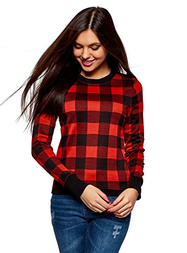 oodji Ultra Mujer Suéter Recto a Cuadros, Rojo, ES 40 / M