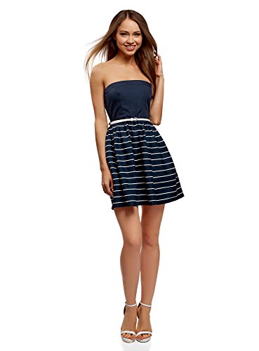 oodji Ultra Mujer Vestido de Verano Estampado con Cinturón en Contraste, Azul, ES 38 / S