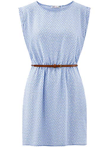 oodji Ultra Mujer Vestido de Viscosa con Mangas Cortas, Azul, ES 42 / L