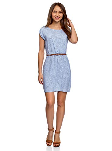 oodji Ultra Mujer Vestido de Viscosa con Mangas Cortas, Azul, ES 42 / L