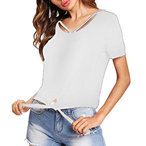 OPAKY Camiseta de Manga Corta con Nudo en la Parte Delantera Nudo para Mujer Camiseta Holgada Casual Mujeres Verano Camisetas Pullover Casual Camisa Manga Corta Cuello V Blusa Tops