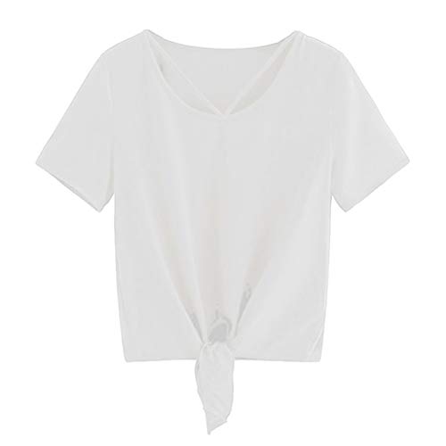 OPAKY Camiseta de Manga Corta con Nudo en la Parte Delantera Nudo para Mujer Camiseta Holgada Casual Mujeres Verano Camisetas Pullover Casual Camisa Manga Corta Cuello V Blusa Tops