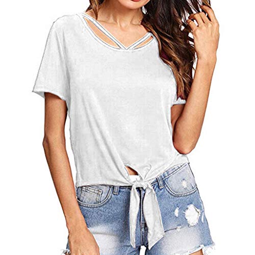 OPAKY Camiseta de Manga Corta con Nudo en la Parte Delantera Nudo para Mujer Camiseta Holgada Casual Mujeres Verano Camisetas Pullover Casual Camisa Manga Corta Cuello V Blusa Tops