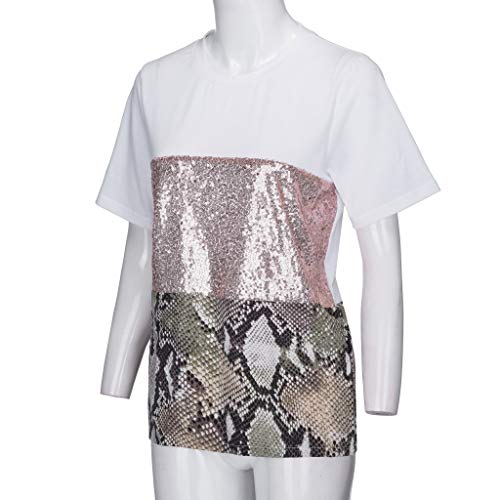 OPAKY Moda para Mujer Patchwork Estampado de Leopardo Manga de Lentejuelas Camiseta Blusa Informal Camiseta Mangas de Corto para Mujer con Lentejuelas Doble Cara Holgada con Brillo para Mujer
