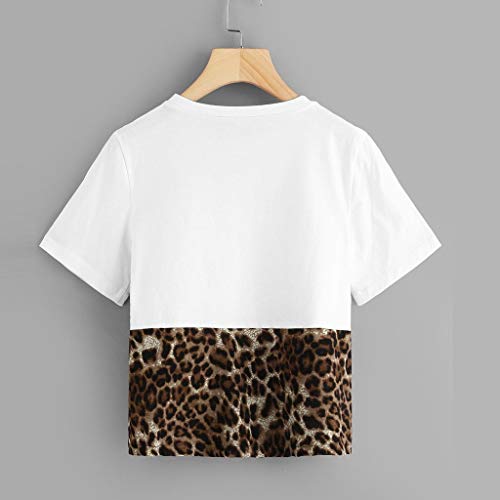 OPAKY Moda para Mujer Patchwork Estampado de Leopardo Manga de Lentejuelas Camiseta Blusa Informal Camiseta Mangas de Corto para Mujer con Lentejuelas Doble Cara Holgada con Brillo para Mujer