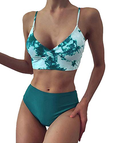 ORANDESIGNE Conjuntos de Bikinis para Mujer Push Up Bikini Traje de Baño de Tanga de Cintura Alta Trajes de baño Adecuado Viajes Playa Natación D Verde L