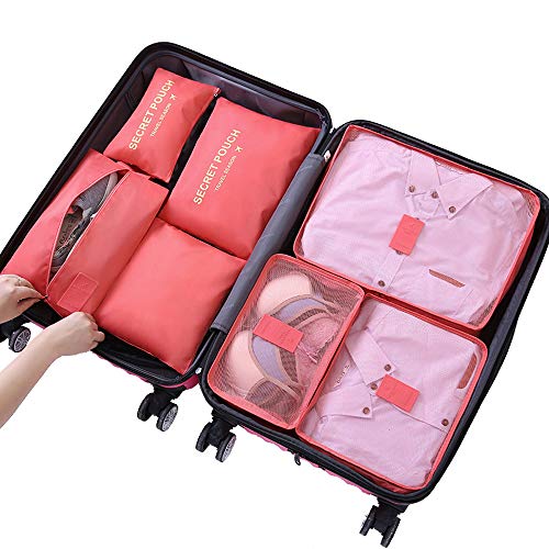 Organizador de Equipaje，LOSMILE 7 en 1 Set Impermeable Organizadores de Viaje para Maletas，3 Cubos de Embalaje +3 Bolsas de Almacenamiento+1 Saco de Zapatos.(Rojo Sandía)