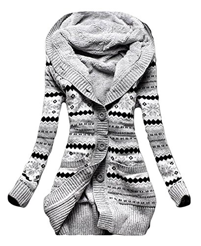 Otoño Invierno Mujer Casual Franja Patrón Lana De Punto Botón Cárdigan SYDCQ daderas con Capucha Calentar Chaqueta Encapuchado Abrigos (Gris, S)