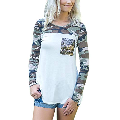 Overdose Bolsos de Lentejuelas Impresas Camuflaje de Manga Larga para Mujer de Moda de la Blusa de Verano Tops Camiseta para el otoño