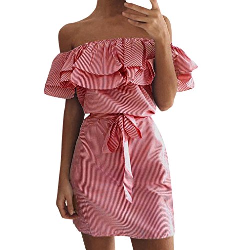 OverDose mujer De Verano A Rayas del Hombro Volante Vestido con Correa De Vacaciones De Playa Sombrero Sexy Mar Mini Corto Vestido Plus (M, Rojo)