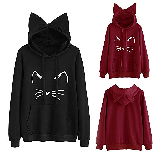 Overdose Sudadera con Capucha De Manga Larga SóLido del OíDo del Gato De Las Mujeres Nuevo Abrigo De Invierno Sudadera con Capucha Tops Ocasional Blusa