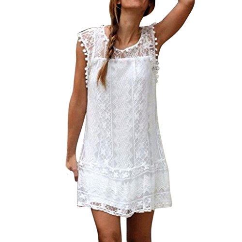 Overdose Vestido Casual Sin Mangas De Encaje De Playa para Mujeres Mini Vestido Casual De Borla O-Cuello SóLido (M, Blanco)