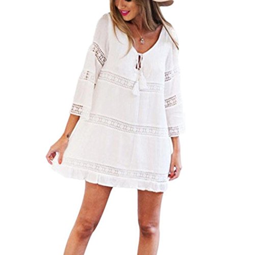 Overdose Vestido Corto De Manga Corta Boho Beach Boho Beach con Encaje De Tres Cuartos para Mujer (L, Blanco)