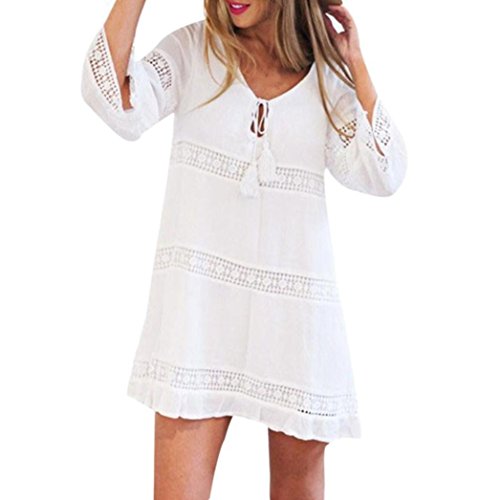 Overdose Vestido Corto De Manga Corta Boho Beach Boho Beach con Encaje De Tres Cuartos para Mujer (L, Blanco)