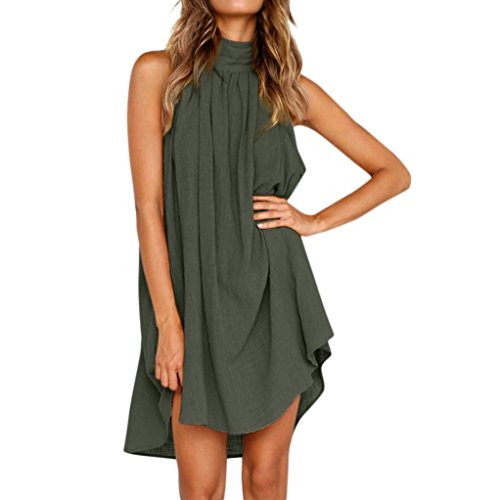 Overdose Vestido De Fiesta Sin Mangas De La Playa del Verano De Las SeñOras AlgodóN Y Lino Bohemio Suelto del Vestido Irregular De Las Mujeres (L, Verde)