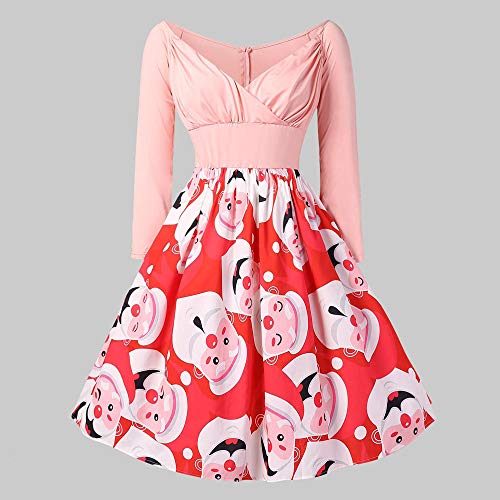 Overdose Vestidos Casuales Mujeres De Navidad De Manga Larga De Santa Claus Imprimir Vintage Vestido Vestido De Fiesta Midi Swing Vestido Falda De Una LíNea