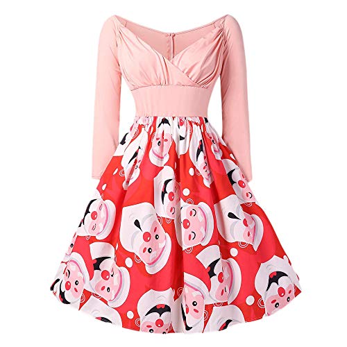 Overdose Vestidos Casuales Mujeres De Navidad De Manga Larga De Santa Claus Imprimir Vintage Vestido Vestido De Fiesta Midi Swing Vestido Falda De Una LíNea