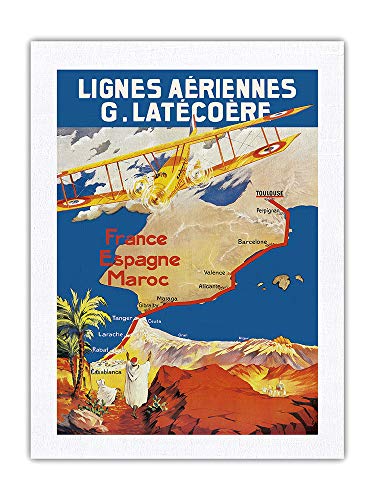 Pacifica Island Art Francia - España - Marruecos - Lignes Aeriennes (Aéropostale) - Póster vintage de viaje de aerolíneas c.1920-100% seda pura Dupioni, 61 x 81 cm