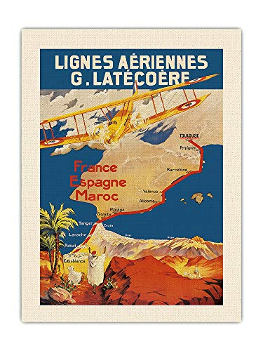 Pacifica Island Art Póster de viaje de la compañía aérea vintage de Francia - España - Marruecos - Lignes Aeriennes (Aéropostale) c.1920 - Lienzo orgánico RAW (45,7 x 60,9 cm)
