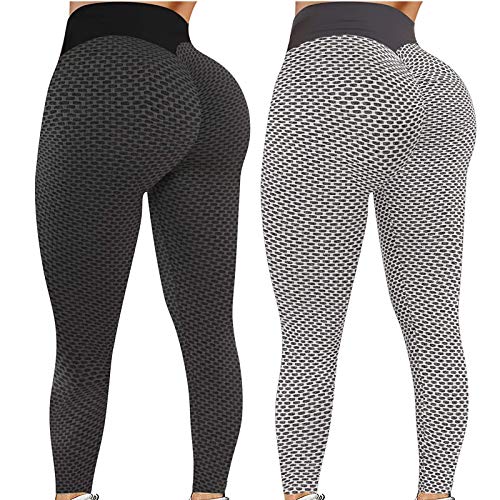 Pack 2 Push Up Leggings para Mujer, Cintura Alta Mujer Malla Celular Pantalón de Yoga Leggings, Butt Lifter Anti-Cellulite Deportivos Yogapants para Yoga Pilates Fitness (L, M)