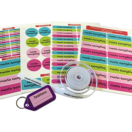 Pack de 146 etiquetas para marcar ropa y objetos. (Paleta 9) 50 etiquetas de tela + 84 etiquetas adhesivas + 12 etiquetas para zapatos + 1 llavero